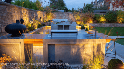 outdoor kitchen at dusk